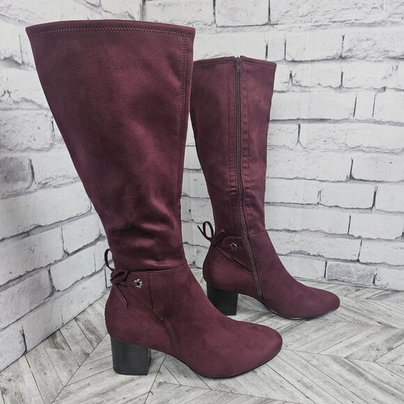 Dark Red Wine Knee High Boots Womens 9 M Burgundy Block Heel Zipper Almond Toe - Picture 1 of 16